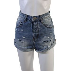 One X One Teaspoon Womens Cotton Distressed Hem Detail Denim Shorts Blue Size 23
